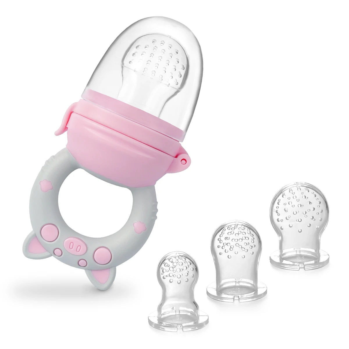 A pink silicone fruit and vegetable feeder set for babies and toddlers, showing a main feeder and several smaller components.