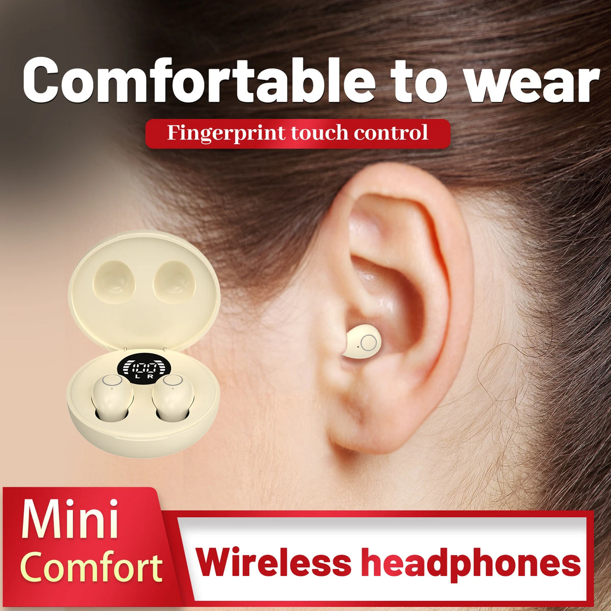 Primer plano de la oreja de una persona mostrando un audífono Bluetooth invisible y un pequeño dispositivo de control para ll