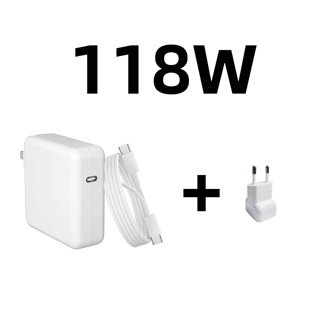 محول طاقة عالمي أبيض USB-C مع كابل وقابس حائط بجوار النص 118 واط.