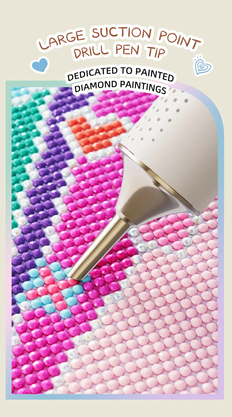 A large suction point drill pen tip for painted diamond paintings shown over colorful mosaic patterns.