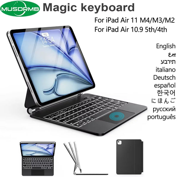 A Magic keyboard for iPad Air devices, shown with a laptop and a separate Bluetooth keyboard case.