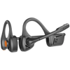 A black open-ear Bluetooth headset with a noise cancelling microphone shown against a dark background.