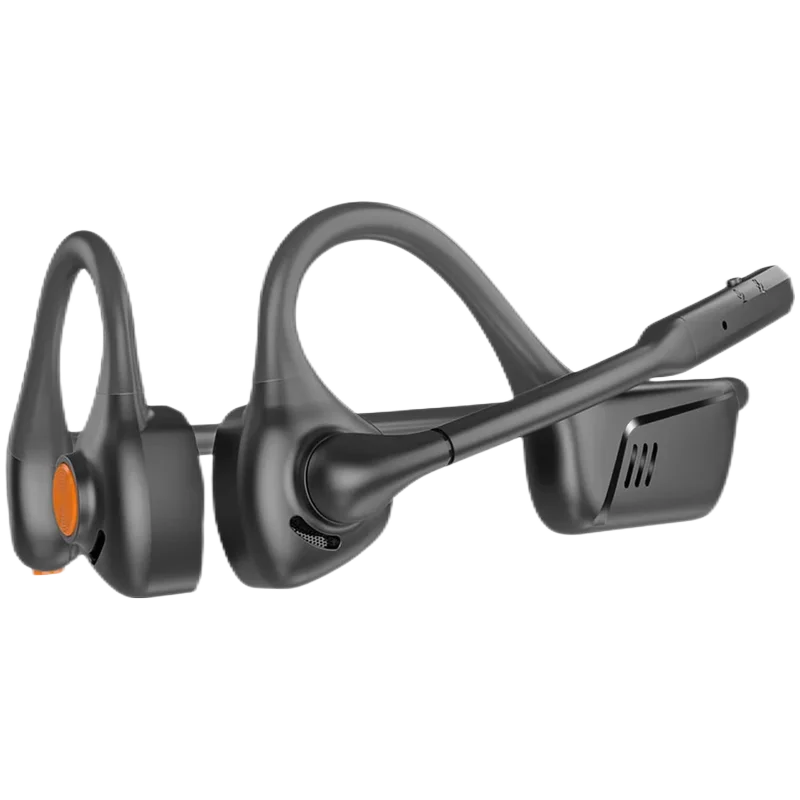 A black open-ear Bluetooth headset with a noise cancelling microphone shown against a dark background.