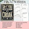 A spiral-bound planner titled SH T YOU NEED TO KNOW IF I CROAK with sections for insurance, wills, and final wishes.