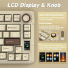 A close-up view of an LCD display and knob on a white mechanical keyboard for adjusting settings.