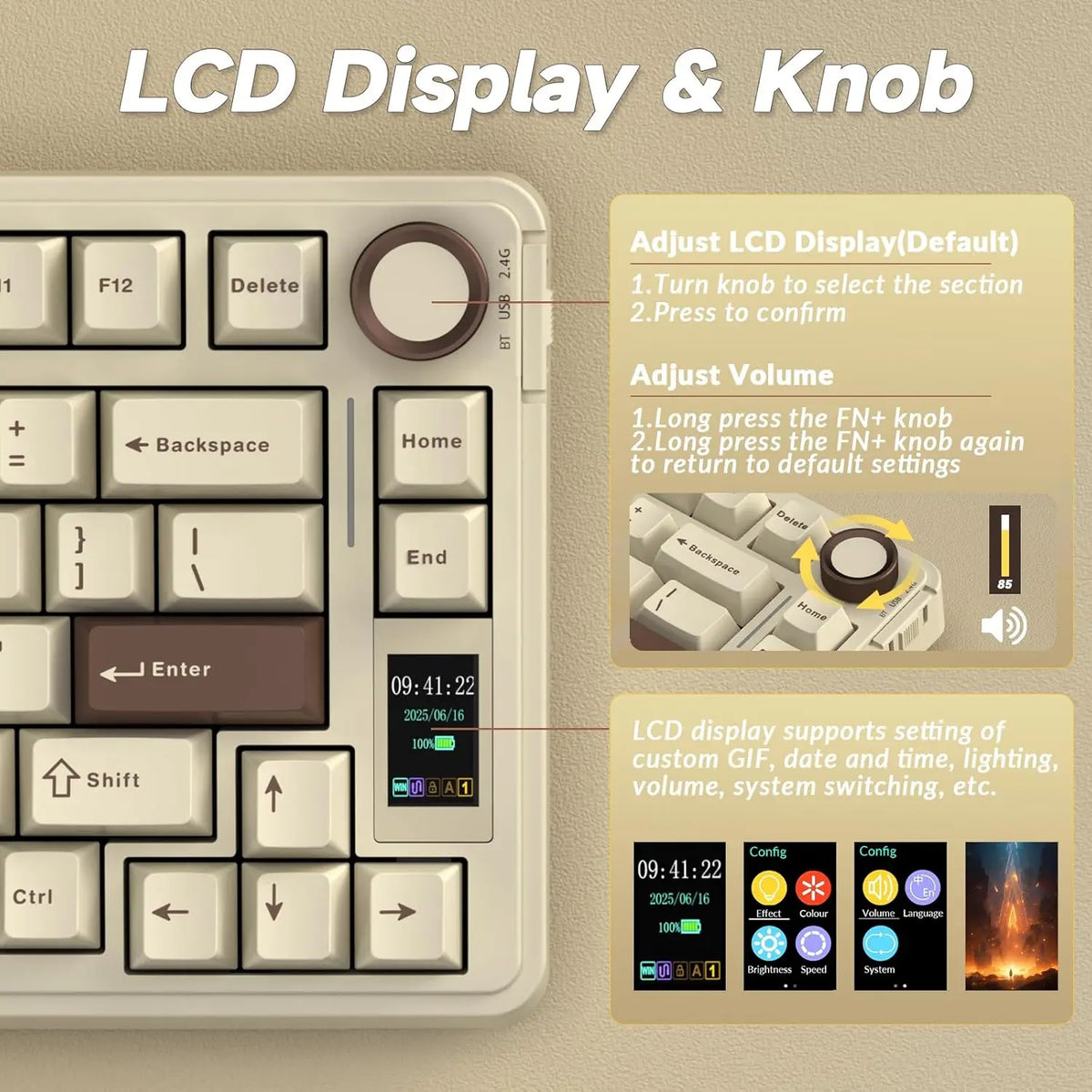 A close-up view of an LCD display and knob on a white mechanical keyboard for adjusting settings.