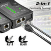 Dispositivo ZOEAX Master 2 en 1 para pruebas de continuidad, mostrando puertos y cables RJ11 y RJ45.