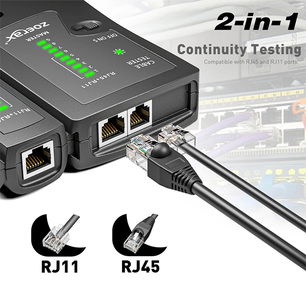 Dispositivo ZOEAX Master 2 en 1 para pruebas de continuidad, mostrando puertos y cables RJ11 y RJ45.