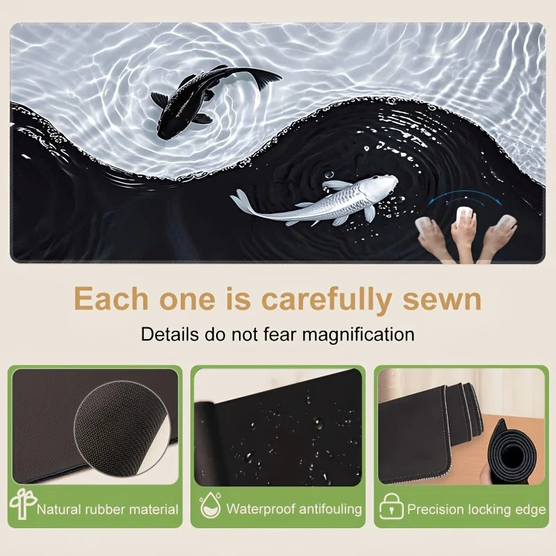 A black mouse pad featuring a koi pattern on water, highlighting natural rubber material and precision locking edges.
