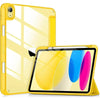A yellow premium hybrid case for an iPad displays a bright, colorful graphic on its screen.