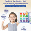 A smiling girl holding a magnetic fraction teaching set with colorful geometric shapes.