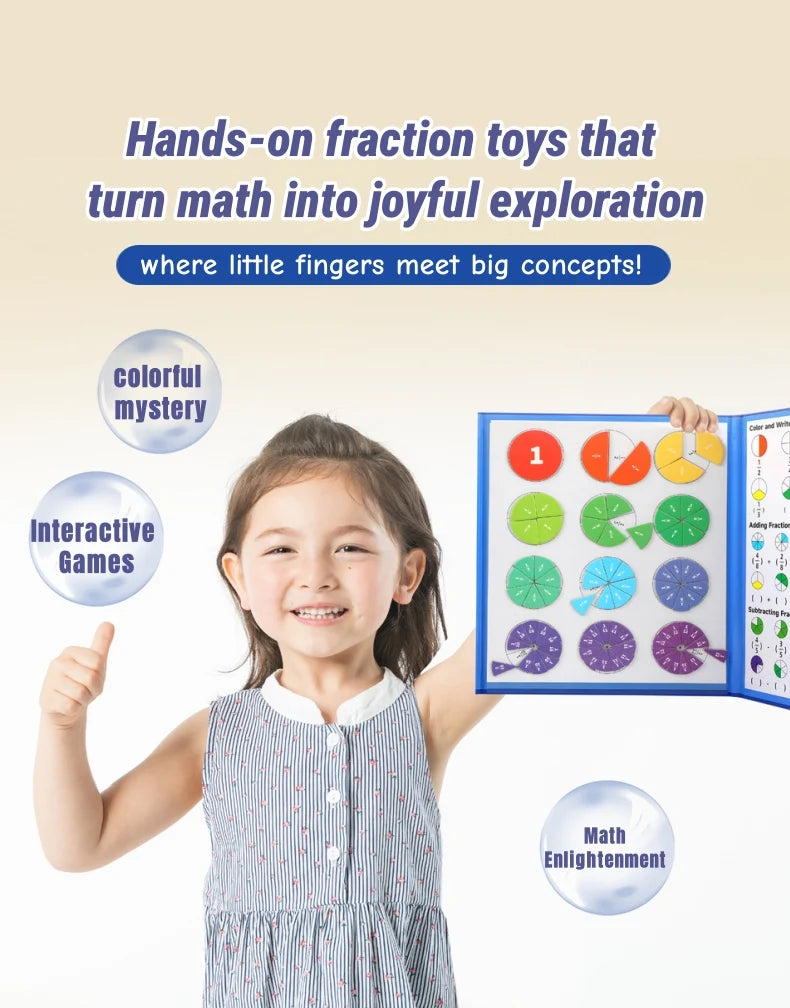 A smiling girl holding a magnetic fraction teaching set with colorful geometric shapes.
