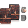 A premium leather case for a Kindle Paperwhite shows the device inside and an open view of the protective cover.