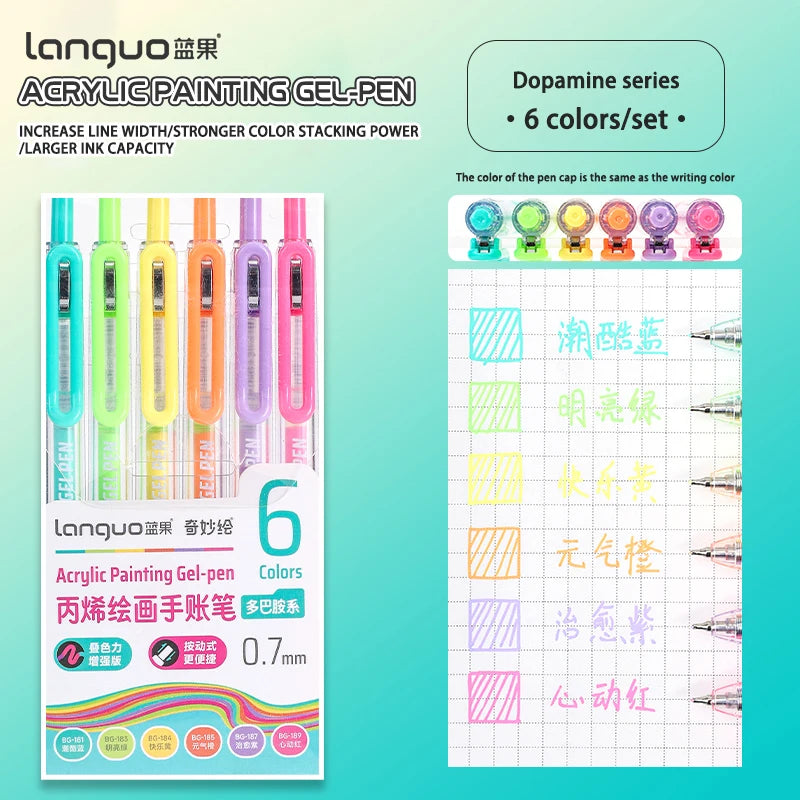 A set of six Languo Acrylic Painting Gel-pen colors with corresponding writing colors and tips.
