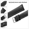 A black genuine leather watchband showing various features like hand stitching, quick release function, stainless steel buckl