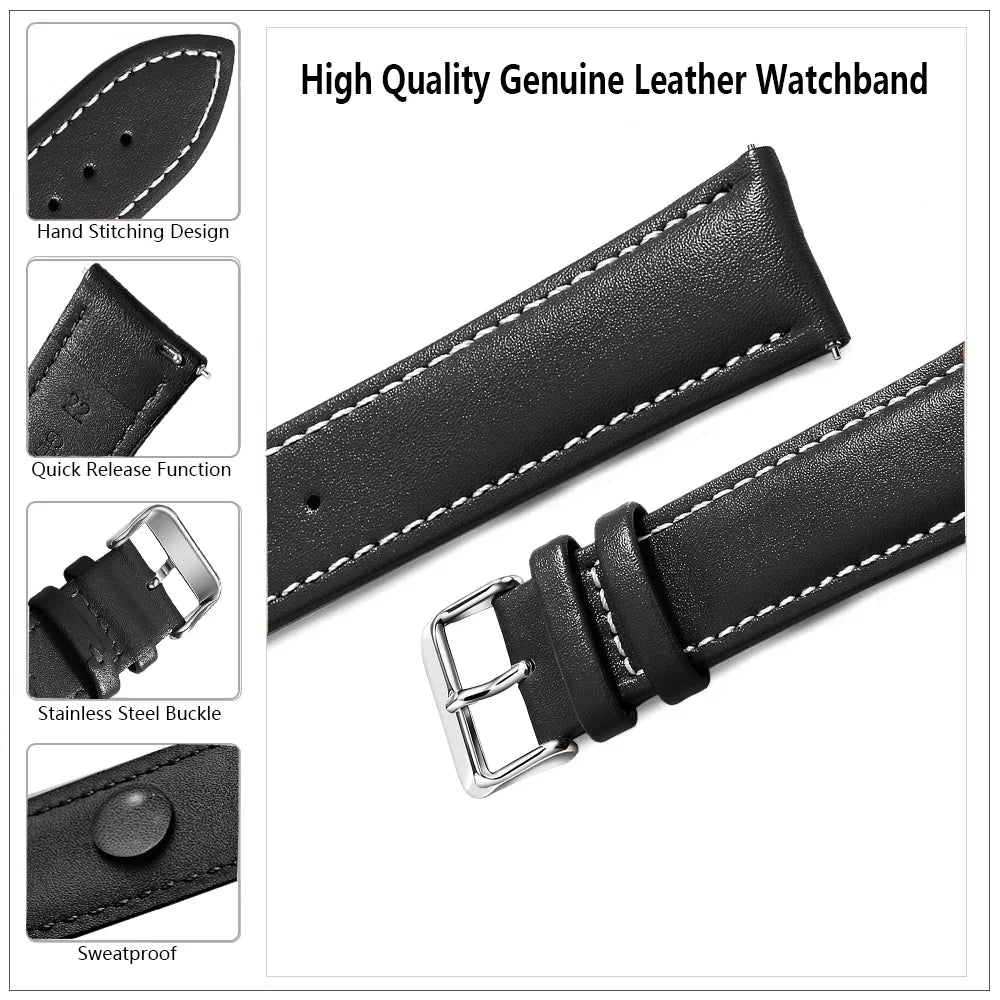 A black genuine leather watchband showing various features like hand stitching, quick release function, stainless steel buckl