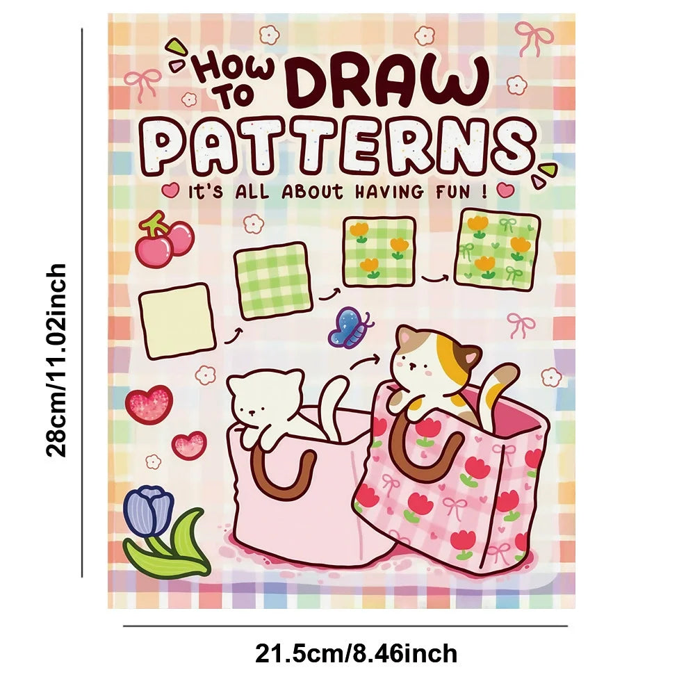 A colorful children's book titled How to Draw Patterns featuring illustrations of cats and various patterns.