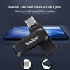 SanDisk Ultra Dual Drive flash drive shown connected to a USB Type-C and Type-A connector.