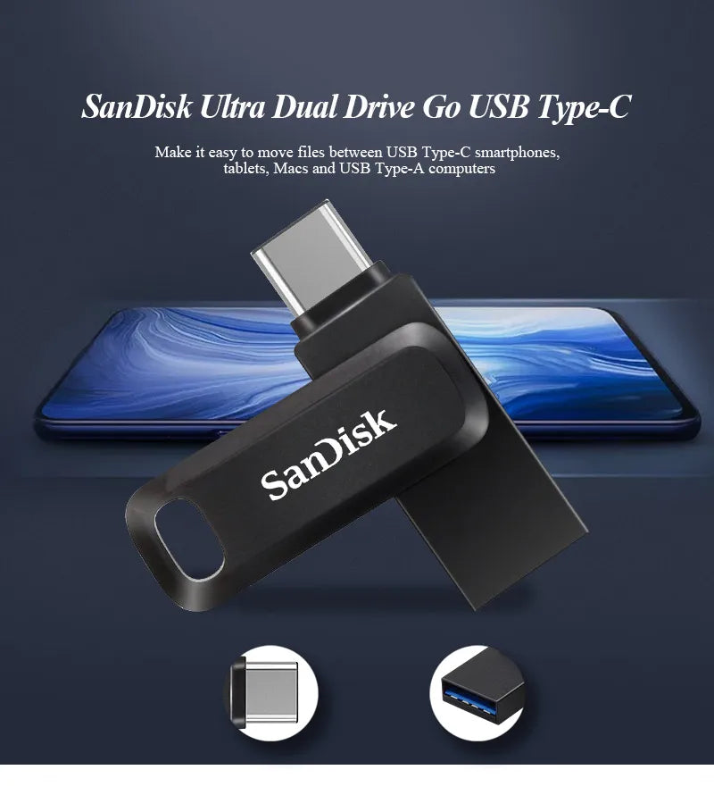 SanDisk Ultra Dual Drive flash drive shown connected to a USB Type-C and Type-A connector.