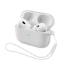 White silicone earphone case with a strap, open to show two white earbuds inside.