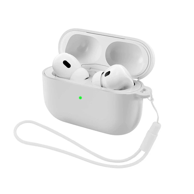 White silicone earphone case with a strap, open to show two white earbuds inside.