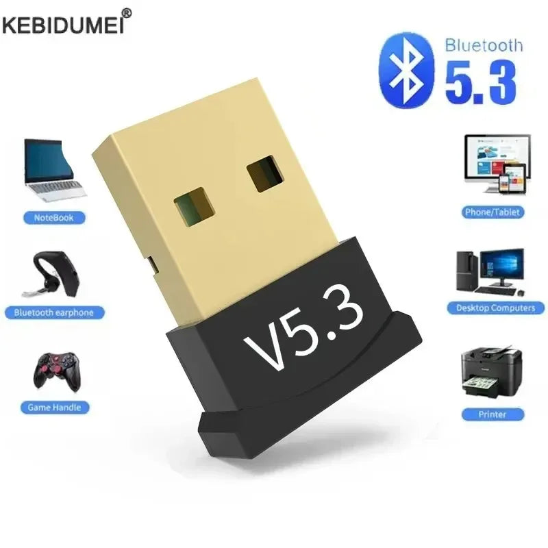 A beige universal Bluetooth adapter V5.3 with multiple ports and connectivity icons for various devices.