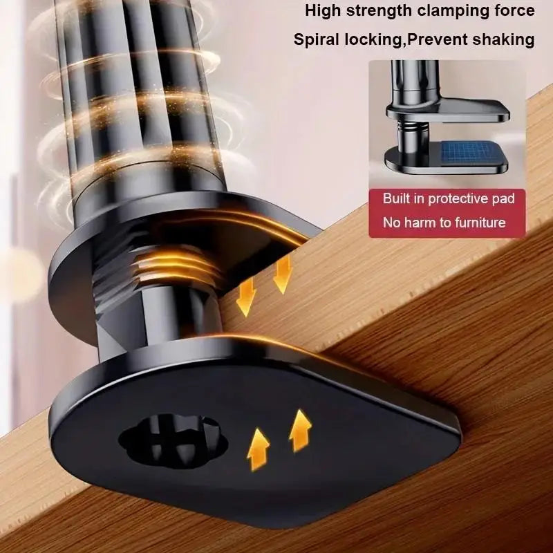 A close-up view of a black flexible gooseneck clamp holder mounted on a wooden surface.