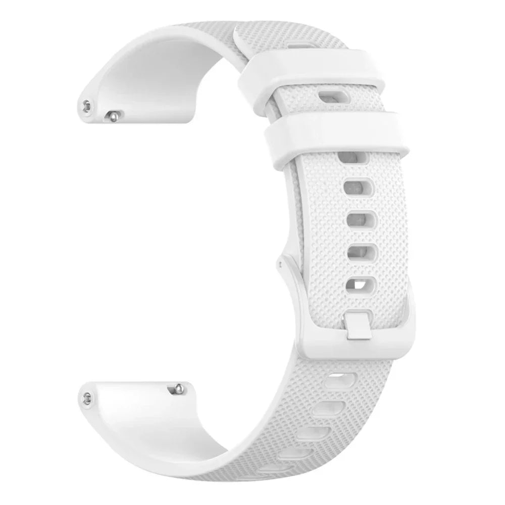 A white silicone watch band for Garmin and other smartwatches shown from the side.