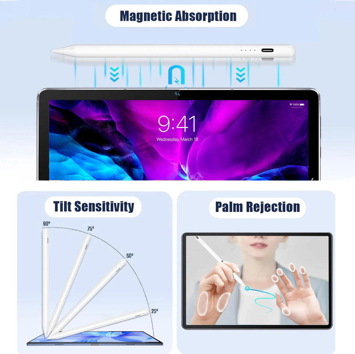 Weiße Präzisionsneigungssensor-Stift neben einem Apple iPad, der Neigungsempfindlichkeit und Handabstoßung demonstriert