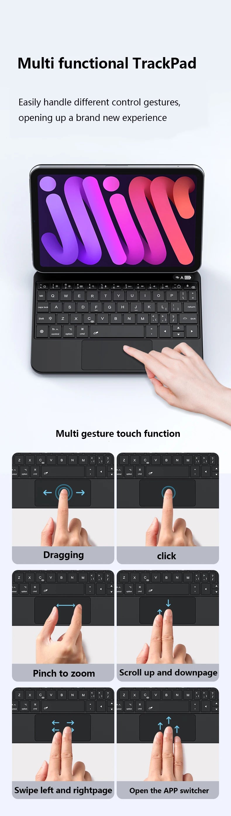 Mano demostrando diversas funciones táctiles de gestos múltiples en el trackpad de una laptop