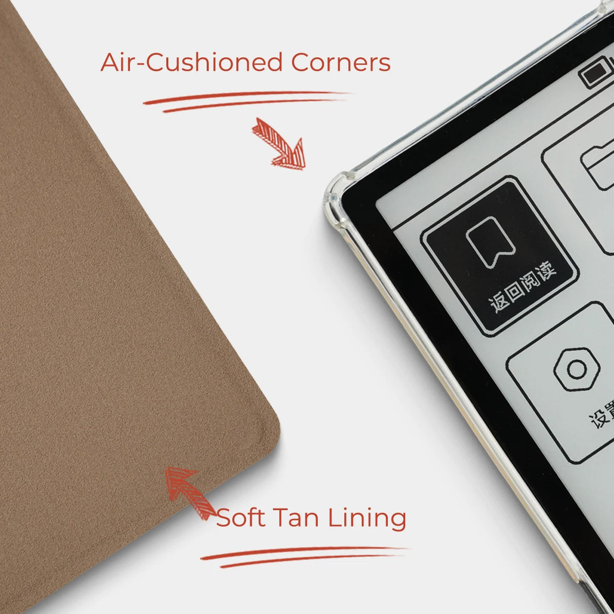 Vue rapprochée d'une coque de protection magnétique avec doublure beige douce et coins amortis à l'air.