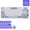 A close-up view of a purple mechanical keyboard featuring RGB backlight and a flying fish switch.