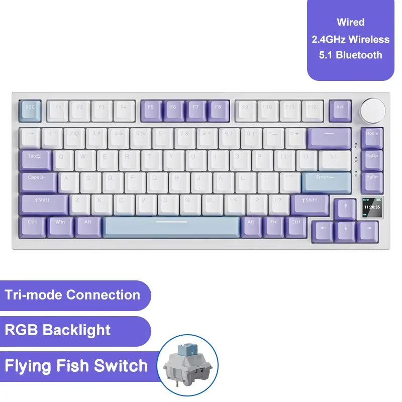 A close-up view of a purple mechanical keyboard featuring RGB backlight and a flying fish switch.