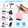 A pink portable power bank with a keychain attachment and LED display is shown next to other devices.