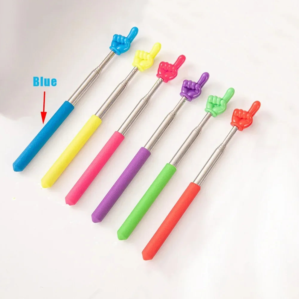 A set of six telescopic stainless steel teaching pointers in various colors including blue, yellow, pink, purple, green, and 