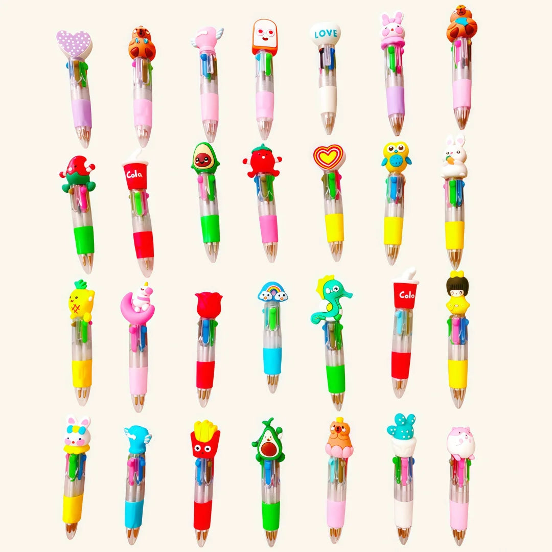A collection of 12 colorful kawaii ballpoint pens in various shapes and designs.
