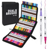 A black pencil case containing a set of 72 Dual-Tip Brush Markers in various vibrant colors.