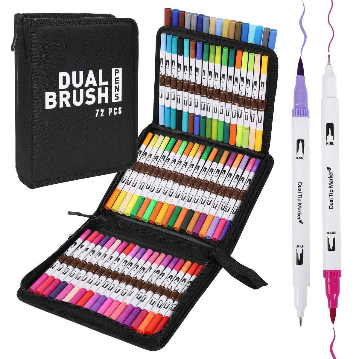 A black pencil case containing a set of 72 Dual-Tip Brush Markers in various vibrant colors.