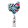 A sparkly, heart-shaped badge reel holder featuring medical symbols like a stethoscope and syringe.