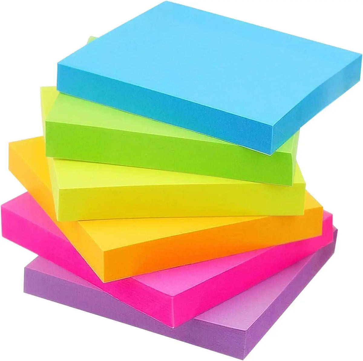 Ein Stapel bunter quadratischer selbstklebender Haftnotizen in Blau-, Grün-, Gelb- und Pinktönen.