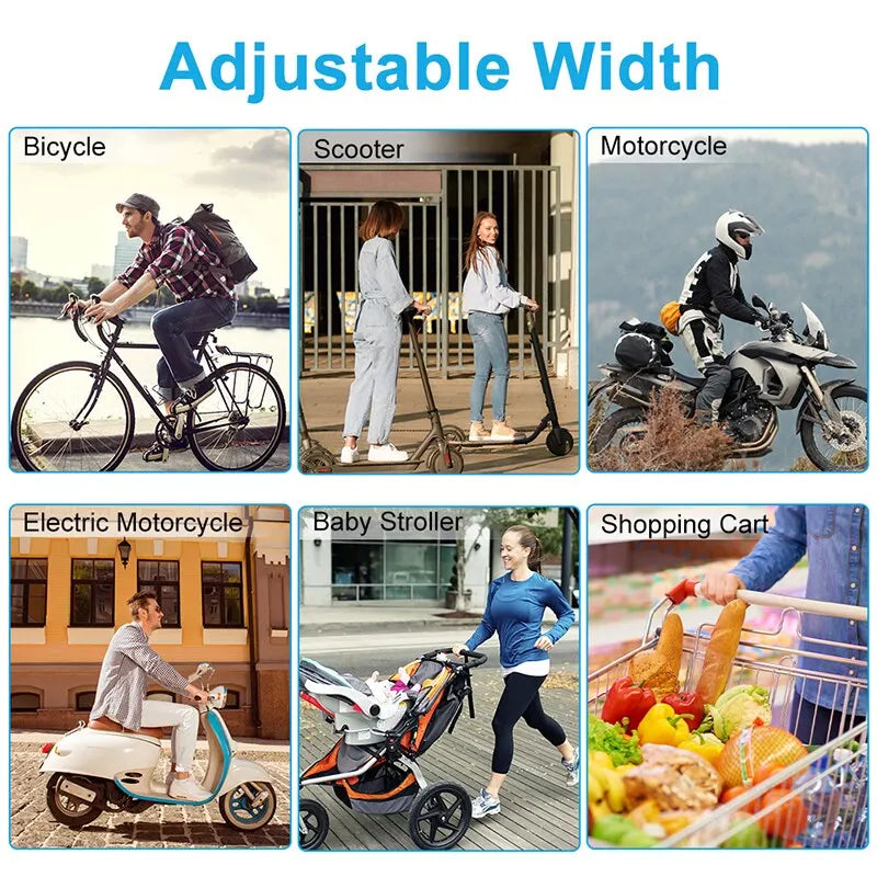 A collection of various bicycles, scooters, motorcycles, electric motorcycles, and a baby stroller demonstrating an adjustabl