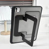 A black protective case for a tablet or iPad with a stand, shown on a white surface.