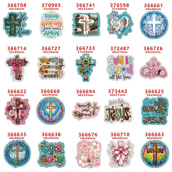Collection de nœuds pour cheveux en acrylique à thème de la foi, avec croix et symboles religieux.