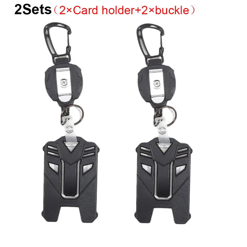 Two sets of tactical ID badge holder keychains with buckles and card holders