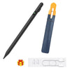 A black universal stylus pen with an orange grip and a blue sleeve, shown next to replacement tips.