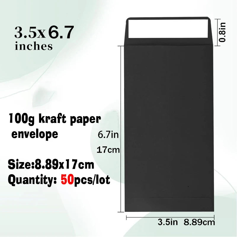 A black kraft paper envelope is shown with dimensions 3.5x6.7 inches, packaged in a lot of 50 pieces.