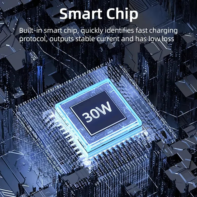 A close-up view of a blue smart chip labeled 30W on a dark, futuristic circuit board background.