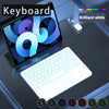 A brilliant white wireless keyboard with a touchpad and a white mouse shown on a dark surface.