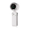 A white portable handheld turbo fan with a circular display and body is shown against a white background.