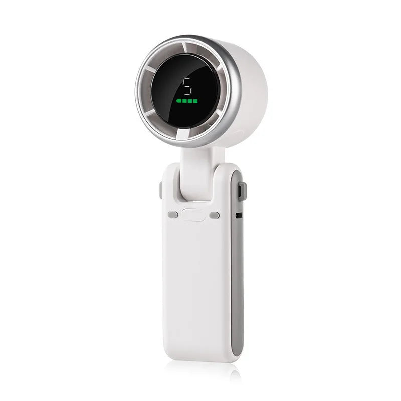 A white portable handheld turbo fan with a circular display and body is shown against a white background.